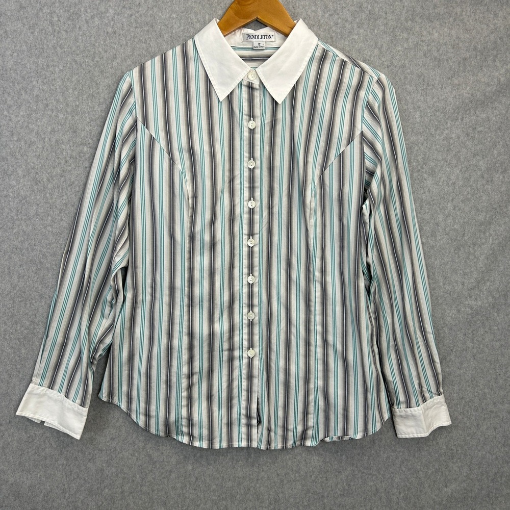 Pendleton Button Down Shirt Striped Blouse White Collar Office Preppy Womens 12